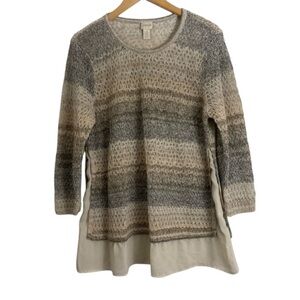 Chico’s Shirley Woven Back Layered Look Knit Sweater Neutral Stripe Sz 3 (XL/16)